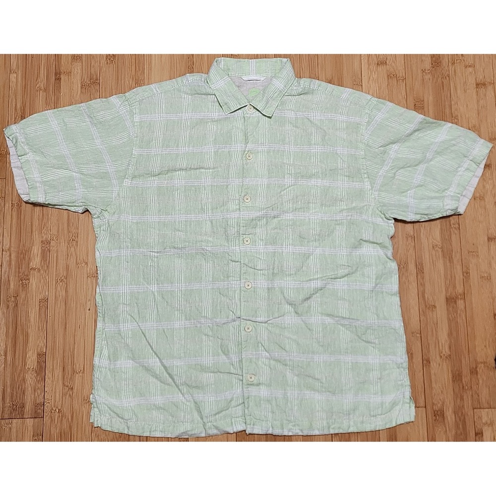 Tommy Bahama Mens XL Lime Green Plaid Linen Short Sleeve Button Down Shirt